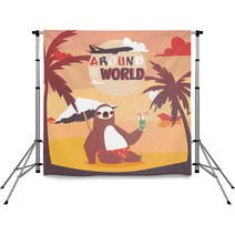Sloth On Vacation Background Animal Who Likes Travelling Poster Passive Rest On Beach Drinkng Coctail And Relaxing Near Sea With Pulm Vector Illustration Backdrops 231888319