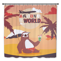 Sloth On Vacation Background Animal Who Likes Travelling Poster Passive Rest On Beach Drinkng Coctail And Relaxing Near Sea With Pulm Vector Illustration Bath Decor 231888319
