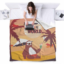 Sloth On Vacation Background Animal Who Likes Travelling Poster Passive Rest On Beach Drinkng Coctail And Relaxing Near Sea With Pulm Vector Illustration Blankets 231888319