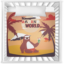 Sloth On Vacation Background Animal Who Likes Travelling Poster Passive Rest On Beach Drinkng Coctail And Relaxing Near Sea With Pulm Vector Illustration Nursery Decor 231888319