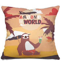 Sloth On Vacation Background Animal Who Likes Travelling Poster Passive Rest On Beach Drinkng Coctail And Relaxing Near Sea With Pulm Vector Illustration Pillows 231888319