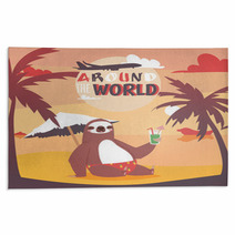 Sloth On Vacation Background Animal Who Likes Travelling Poster Passive Rest On Beach Drinkng Coctail And Relaxing Near Sea With Pulm Vector Illustration Rugs 231888319