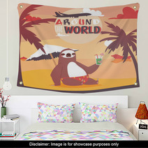 Sloth On Vacation Background Animal Who Likes Travelling Poster Passive Rest On Beach Drinkng Coctail And Relaxing Near Sea With Pulm Vector Illustration Wall Art 231888319
