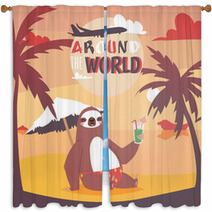 Sloth On Vacation Background Animal Who Likes Travelling Poster Passive Rest On Beach Drinkng Coctail And Relaxing Near Sea With Pulm Vector Illustration Window Curtains 231888319