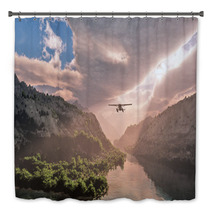 Small Airplane Flying Through Snow Mountain Valley With River. C Bath Decor 66789850