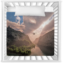 Small Airplane Flying Through Snow Mountain Valley With River. C Nursery Decor 66789850