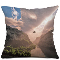 Small Airplane Flying Through Snow Mountain Valley With River. C Pillows 66789850