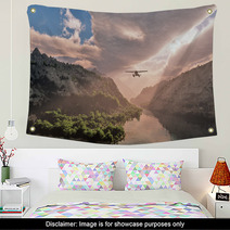 Small Airplane Flying Through Snow Mountain Valley With River. C Wall Art 66789850