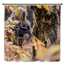Sniper Hiding In The Bushes/Sniper In Camouflage Suit Hiding Among The Bushes In The Autumn Forest Bath Decor 93951075