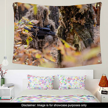 Sniper Hiding In The Bushes/Sniper In Camouflage Suit Hiding Among The Bushes In The Autumn Forest Wall Art 93951075