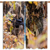 Sniper Hiding In The Bushes/Sniper In Camouflage Suit Hiding Among The Bushes In The Autumn Forest Window Curtains 93951075