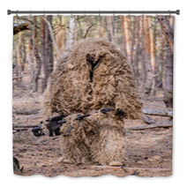 Sniper With Large-caliber Rifle In Forest/Sniper In Special Camouflage Suit With Large-caliber Rifle In Forest Bath Decor 93416080