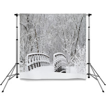 Snow Covered Foot Bridge And Forest Backdrops 71626310