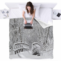 Snow Covered Foot Bridge And Forest Blankets 71626310