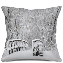 Snow Covered Foot Bridge And Forest Pillows 71626310