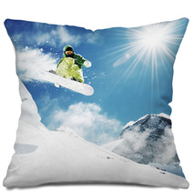 Snowboarder At Jump Inhigh Mountains Pillows 34235418