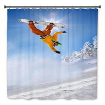 Snowboarder Jumping Against Blue Sky Bath Decor 34344721