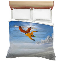 Snowboarder Jumping Against Blue Sky Bedding 34344721