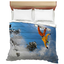 Snowboarder Jumping Against Blue Sky Bedding 36077637