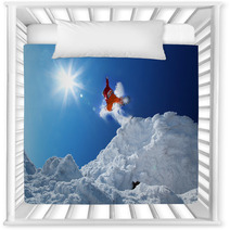 Snowboarder Jumping Against Blue Sky Nursery Decor 48924842
