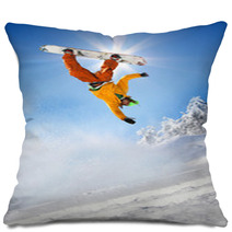 Snowboarder Jumping Against Blue Sky Pillows 34344721