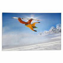 Snowboarder Jumping Against Blue Sky Rugs 34344721
