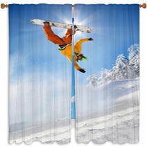 Snowboarder Jumping Against Blue Sky Window Curtains 34344721