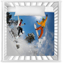 Snowboarders Jumping Against Blue Sky Nursery Decor 37675042