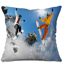 Snowboarders Jumping Against Blue Sky Pillows 37675042