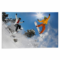 Snowboarders Jumping Against Blue Sky Rugs 37675042