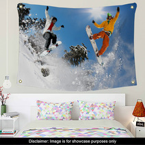 Snowboarders Jumping Against Blue Sky Wall Art 37675042