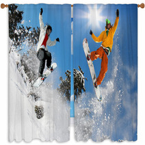 Snowboarders Jumping Against Blue Sky Window Curtains 37675042
