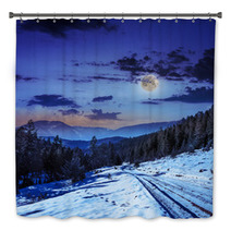 Snowy Road To Coniferous Forest In Mountains At Night Bath Decor 60624201