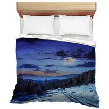 Snowy Road To Coniferous Forest In Mountains At Night Bedding 60624201