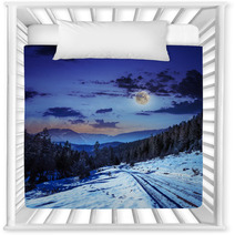 Snowy Road To Coniferous Forest In Mountains At Night Nursery Decor 60624201
