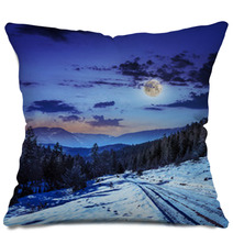 Snowy Road To Coniferous Forest In Mountains At Night Pillows 60624201