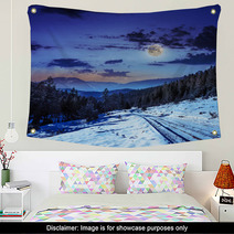 Snowy Road To Coniferous Forest In Mountains At Night Wall Art 60624201
