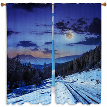 Snowy Road To Coniferous Forest In Mountains At Night Window Curtains 60624201