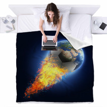 Soccer Ball Transforming Into Earth On Black Background Blankets 64956220