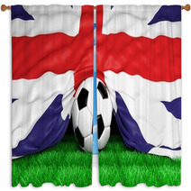 Soccer Ball With British Flag On Football Field Closeup Window Curtains 66137013