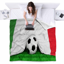 Soccer Ball With Italian Flag On Football Field Closeup Blankets 66136709