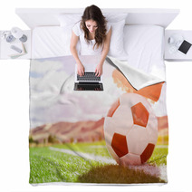 Soccer Ball With Player Foot On Soccer Field Blankets 135614437
