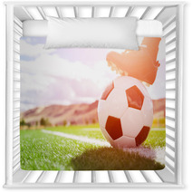 Soccer Ball With Player Foot On Soccer Field Nursery Decor 135614437