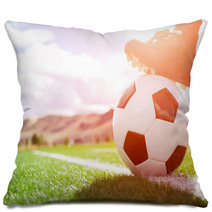 Soccer Ball With Player Foot On Soccer Field Pillows 135614437