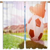 Soccer Ball With Player Foot On Soccer Field Window Curtains 135614437