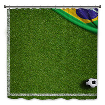 Soccer Field With Ball And Flag Of Brazil Bath Decor 65619407