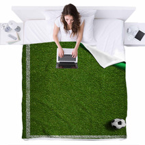 Soccer Field With Ball And Flag Of Brazil Blankets 65619407