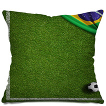 Soccer Field With Ball And Flag Of Brazil Pillows 65619407