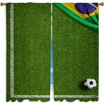 Soccer Field With Ball And Flag Of Brazil Window Curtains 65619407