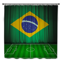 Soccer Field With Flag Of Brazil On Green Curtain Bath Decor 65905769